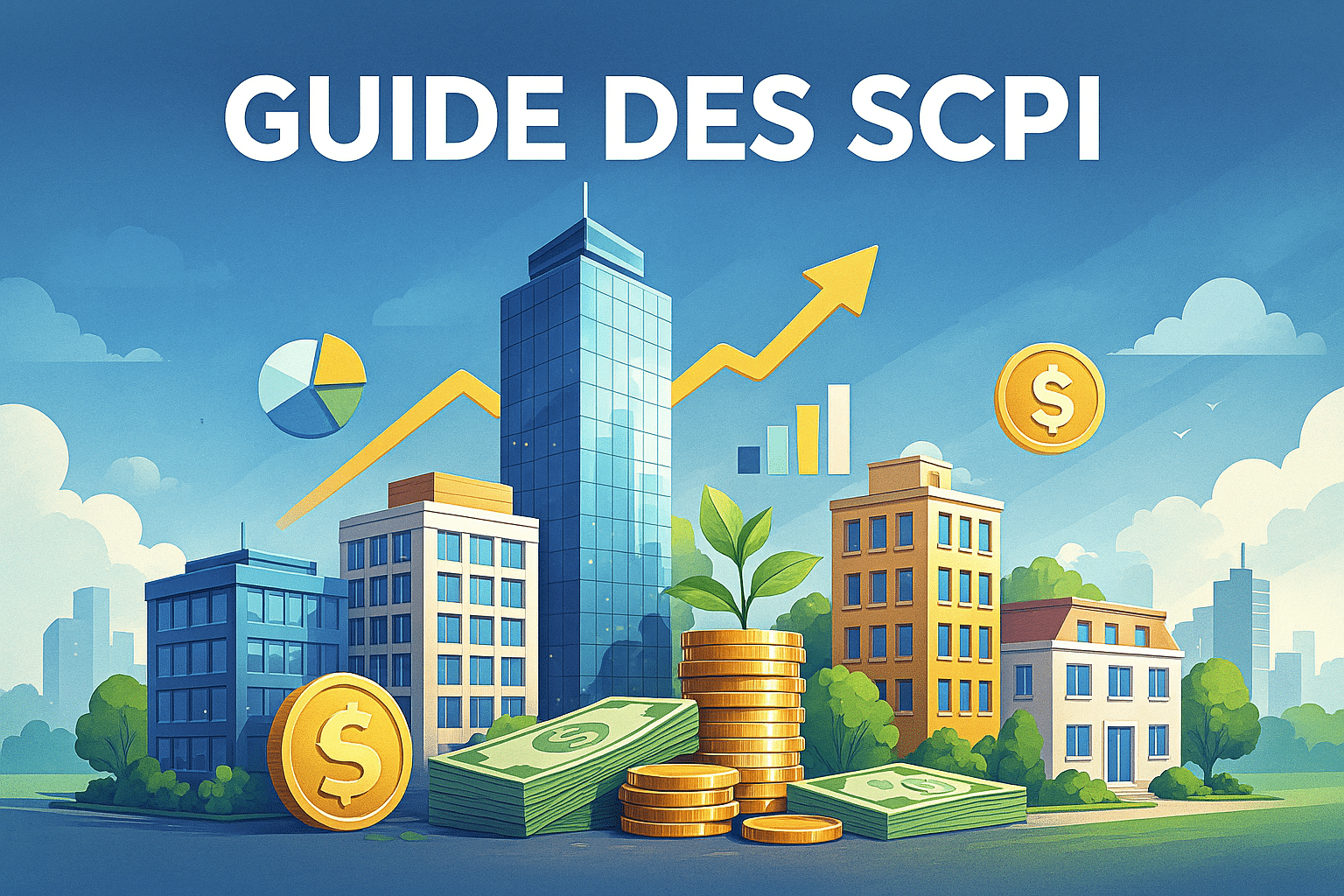 Illustration d’une skyline urbaine stylisée avec des immeubles et des éléments financiers symboliques (graphes, flèches et icônes monétaires), déclinée dans des tons bleus, verts et dorés