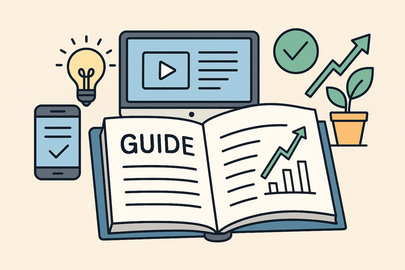 guides-investissement Illustration d’un guide pratique d’investissement avec carnet et icône pédagogique