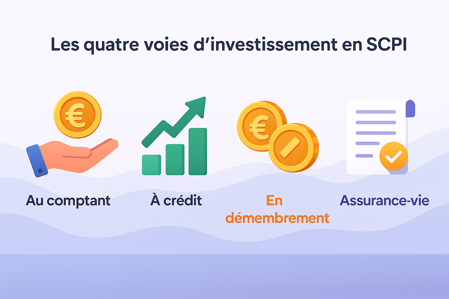 les 4 voies de l'investissement en SCPI Infographie colorée montrant quatre icônes distinctes : une main tenant une pièce pour l’investissement au comptant, un graphique montant pour l’investissement à crédit, deux pièces séparées pour le démembrement et un contrat stylisé pour l’assurance‑vie.