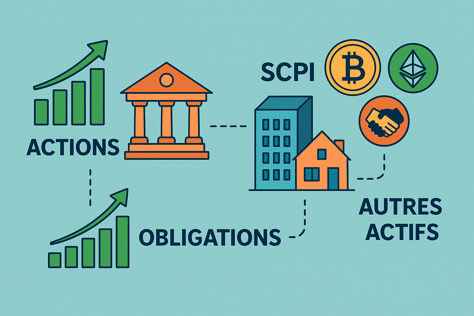 outils-investissement Icônes représentant différents outils d’investissement comme SCPI, PEA, assurance vie, compte-titres et plateformes crypto